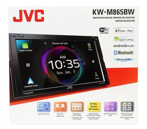 Jvc kw-m865bw - Monitor with Receiver KW-M875BW. Picture (10) Multimedia Receiver featuring 6.8" Clear Resistive Touch Monitor / Wireless Apple CarPlay / Wireless Android Auto / HDMI Input / 4-Cam Input / High-Resolution Audio / iDatalink Maestro Ready / Bluetooth® / 13-Band EQ / USB Type-C. 